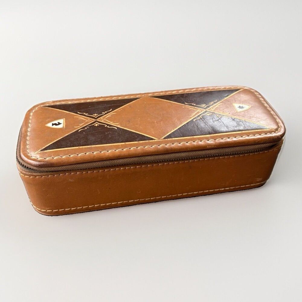 Vintage Tan Leather Valet Case Tooled Gold Detail Zippered Watch Carry All Box